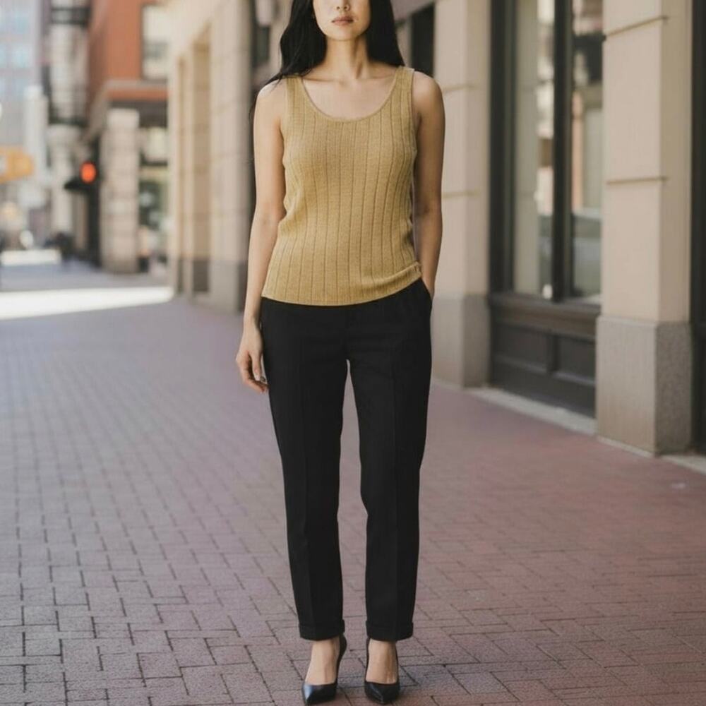 St. John Gold Metallic Pointelle Sweater Knit Tank Top